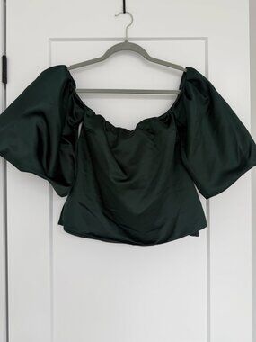 Zara Dark Green Satin Top With Puff Sleeves